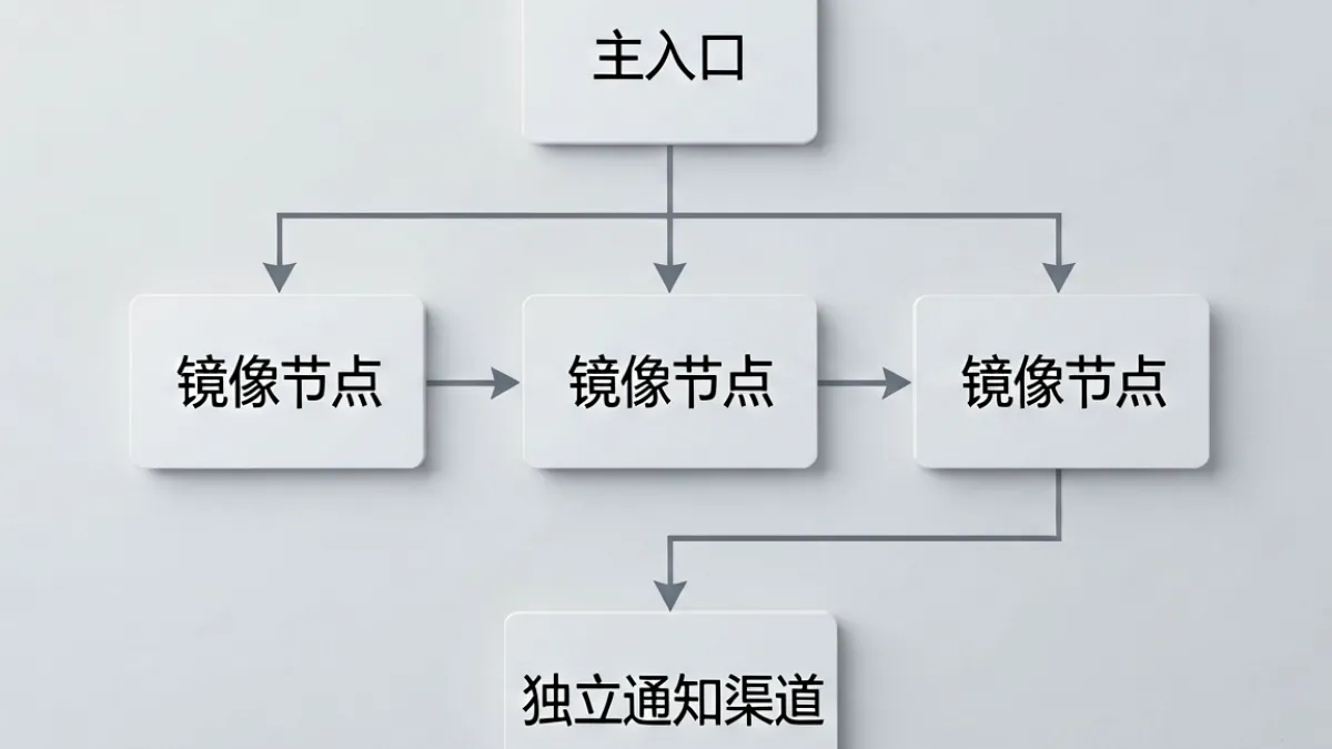 示意图展示MIYA737牢记永不失联三层保障结构：主入口、镜像节点、通知渠道三条平行路径的流向关系