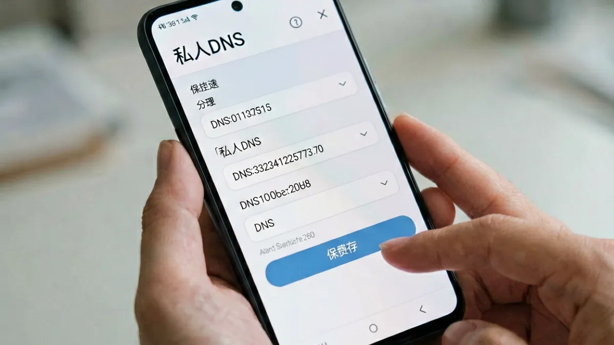 手机屏幕上显示DNS设置界面，旁边有操作步骤说明，帮助用户解决MIYA737牢记永不失联访问故障